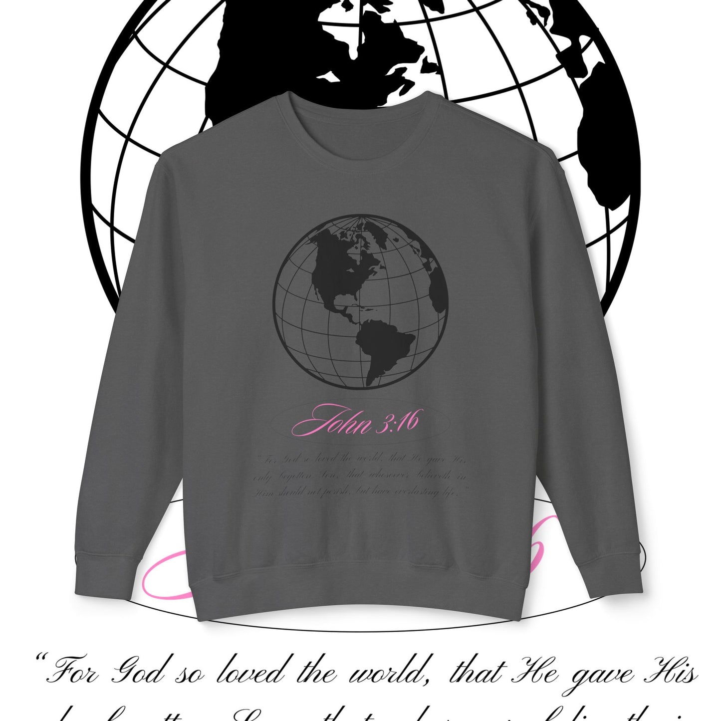 John 3:16 Sweater - Christian Unisex Lightweight Crewneck Sweatshirt (black + pink 🌏🩷)