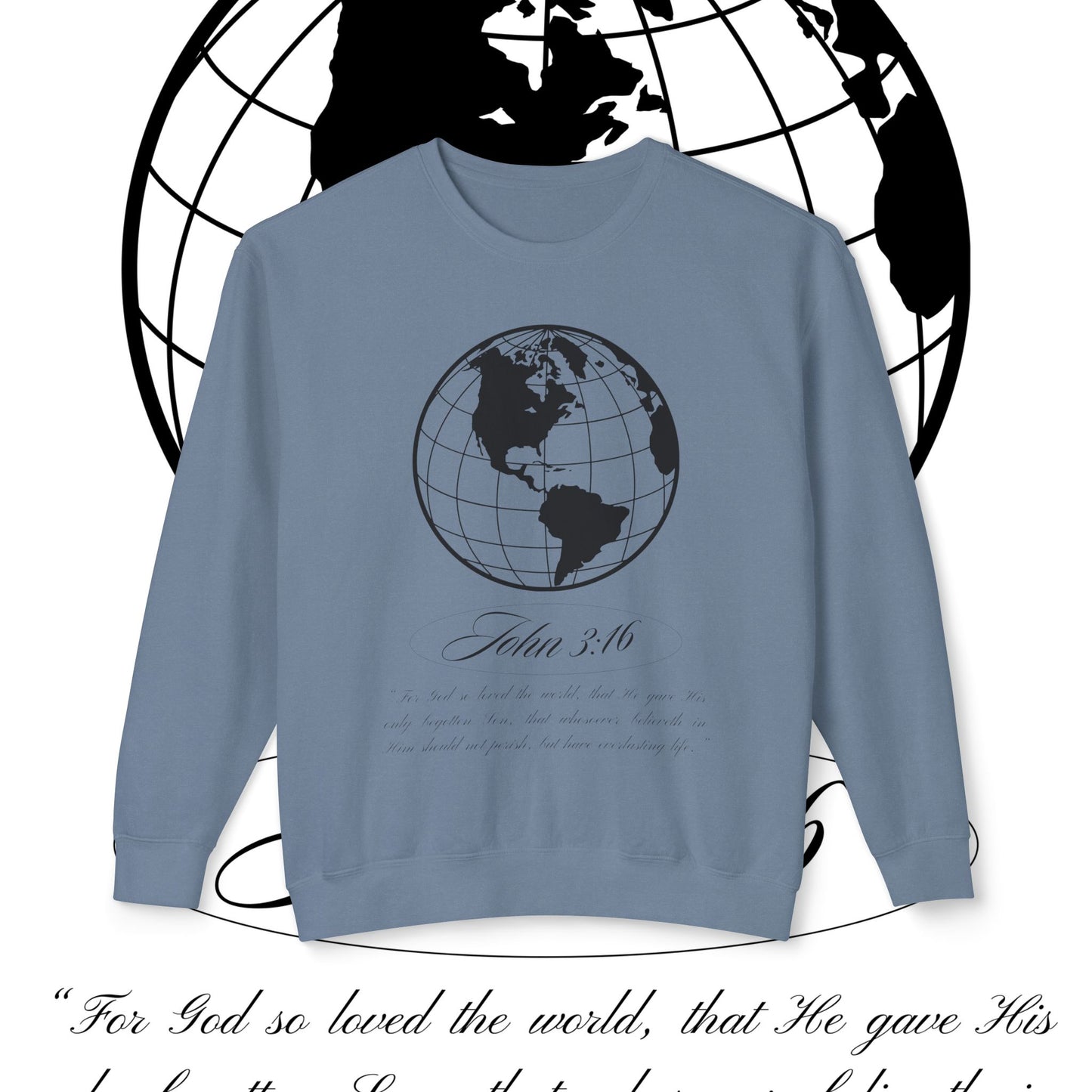 John 3:16 Sweater - Christian Unisex Lightweight Crewneck Sweatshirt (black + 🌏)
