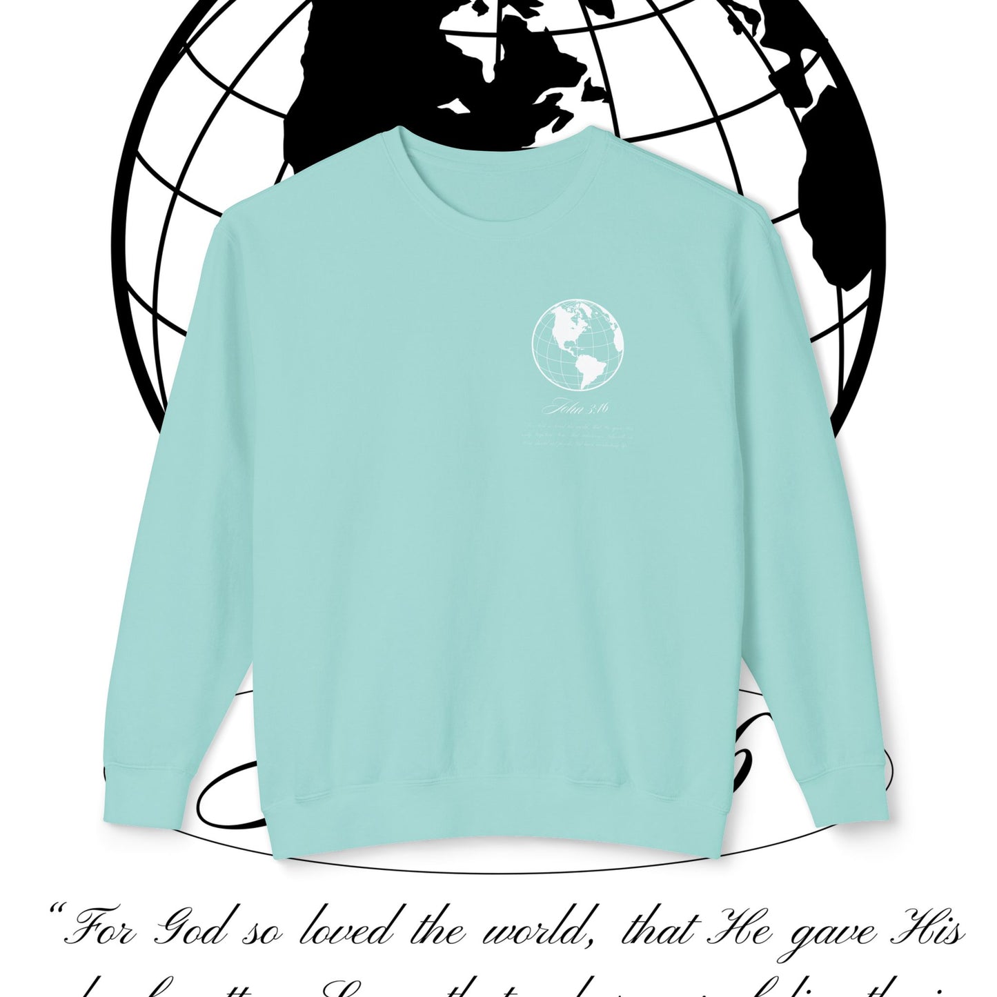 John 3:16 Sweater - (white + 🌎) Christian Unisex Lightweight Crewneck Sweatshirt -