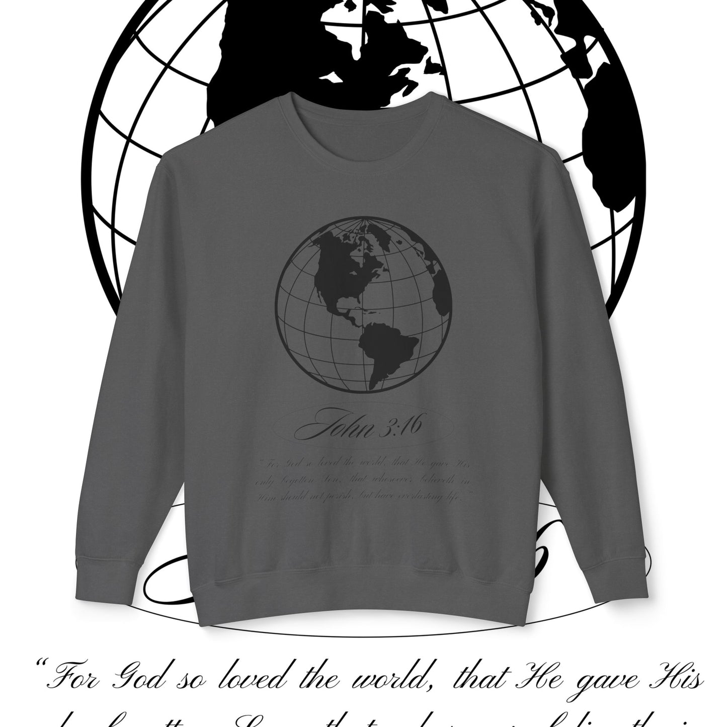 John 3:16 Sweater - Christian Unisex Lightweight Crewneck Sweatshirt (black + 🌏)