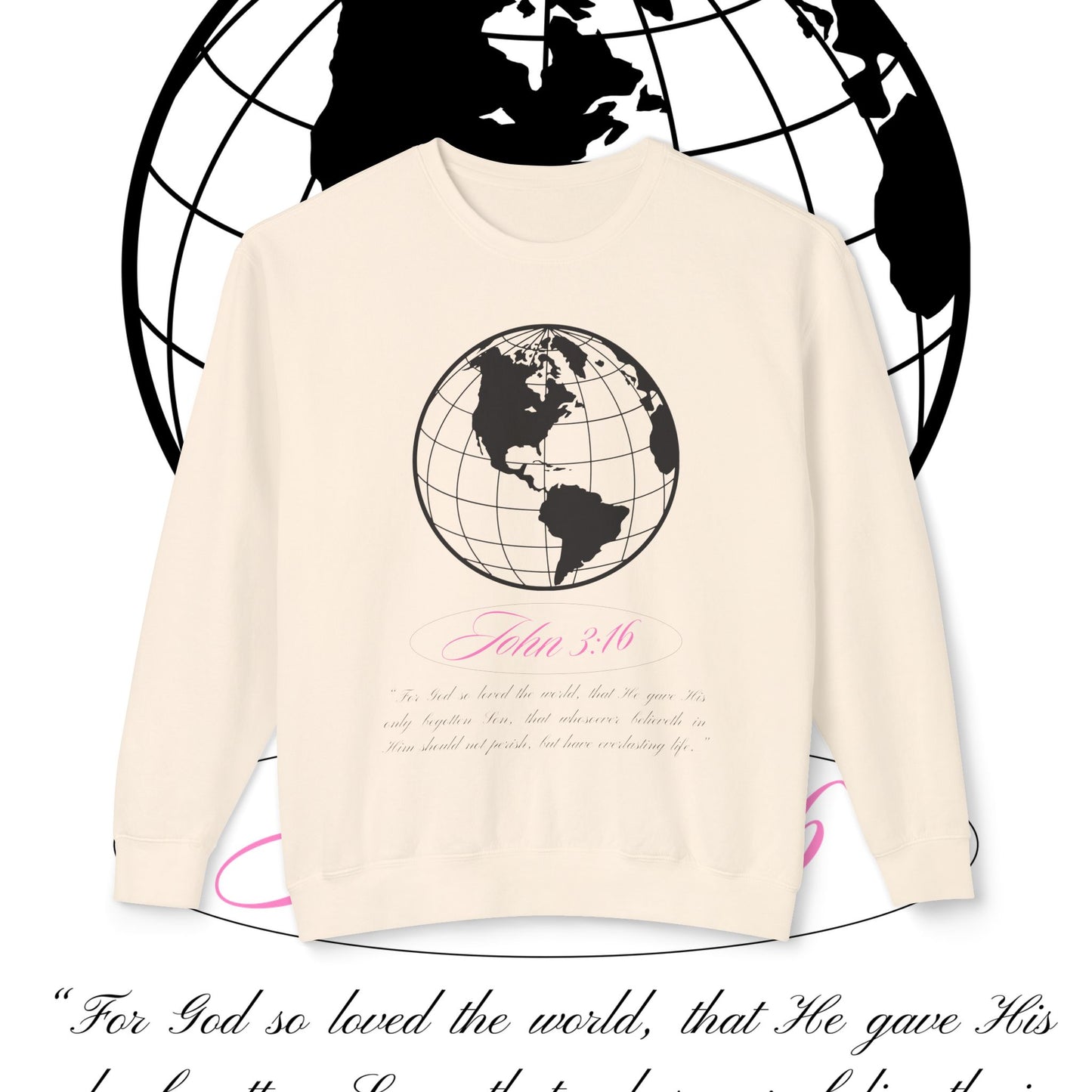 John 3:16 Sweater - Christian Unisex Lightweight Crewneck Sweatshirt (black + pink 🌏🩷)