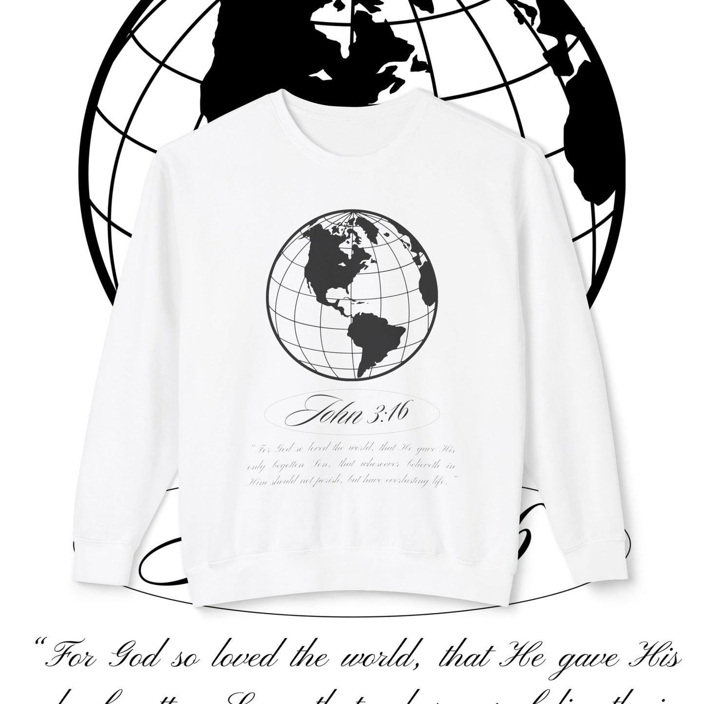 John 3:16 Sweater - Christian Unisex Lightweight Crewneck Sweatshirt (black + 🌏)