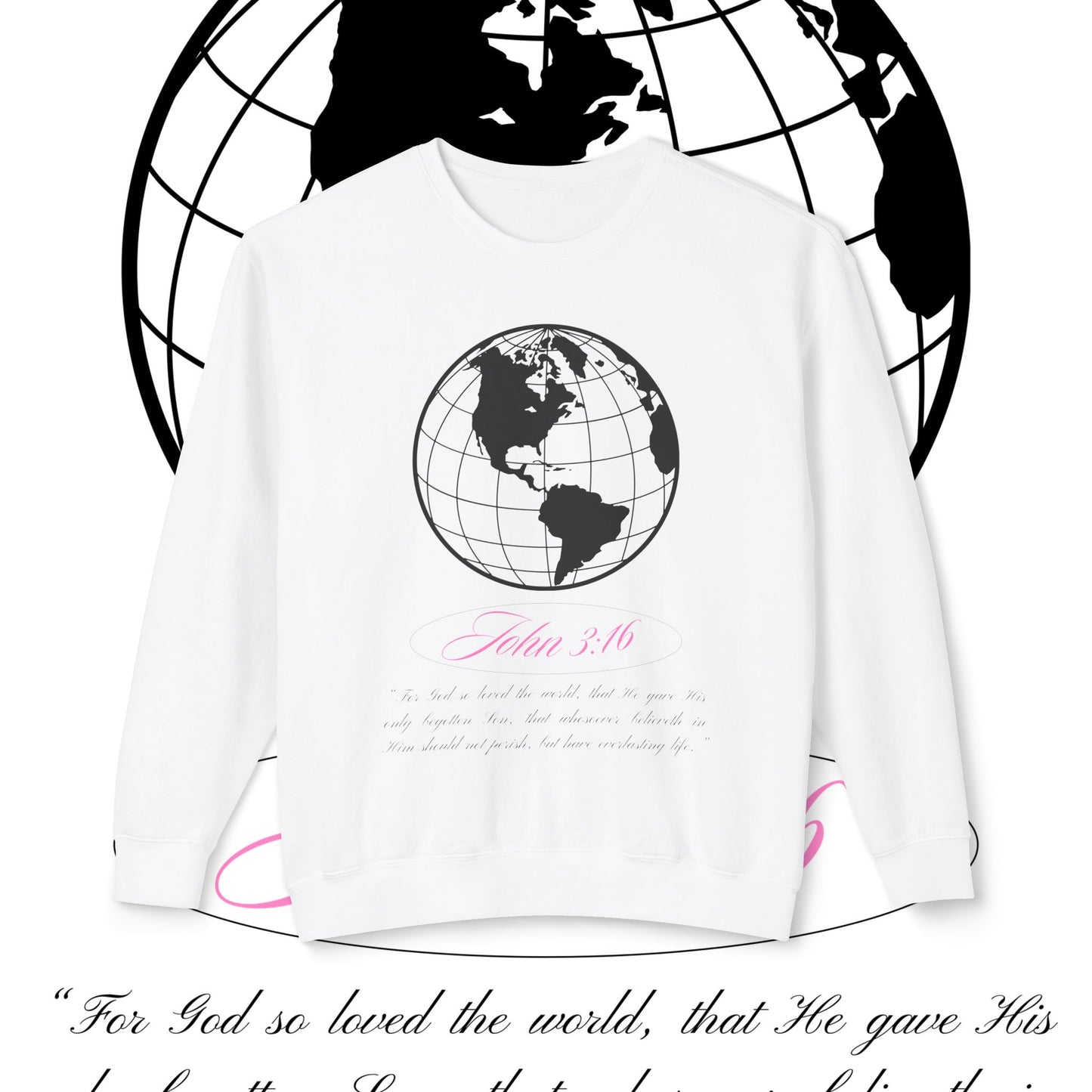 John 3:16 Sweater - Christian Unisex Lightweight Crewneck Sweatshirt (black + pink 🌏🩷)