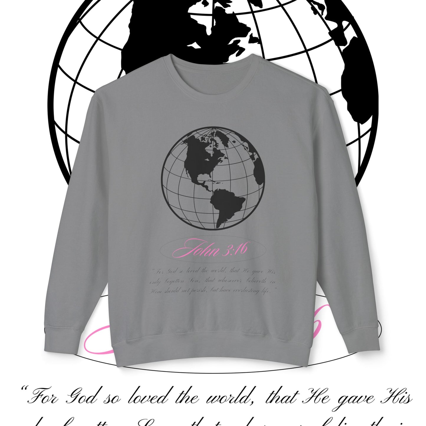 John 3:16 Sweater - Christian Unisex Lightweight Crewneck Sweatshirt (black + pink 🌏🩷)