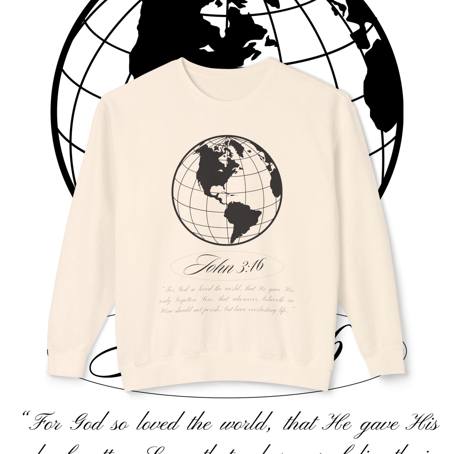 John 3:16 Sweater - Christian Unisex Lightweight Crewneck Sweatshirt (black + 🌏)
