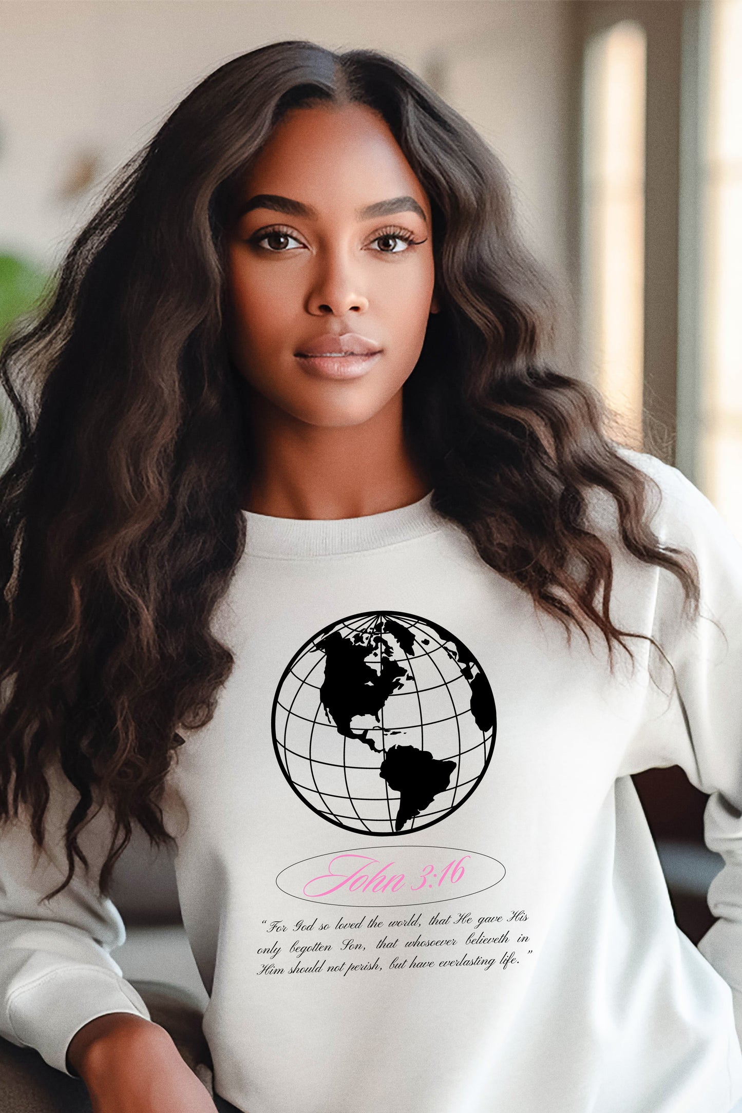 John 3:16 Sweater - Christian Unisex Lightweight Crewneck Sweatshirt (black + pink 🌏🩷)