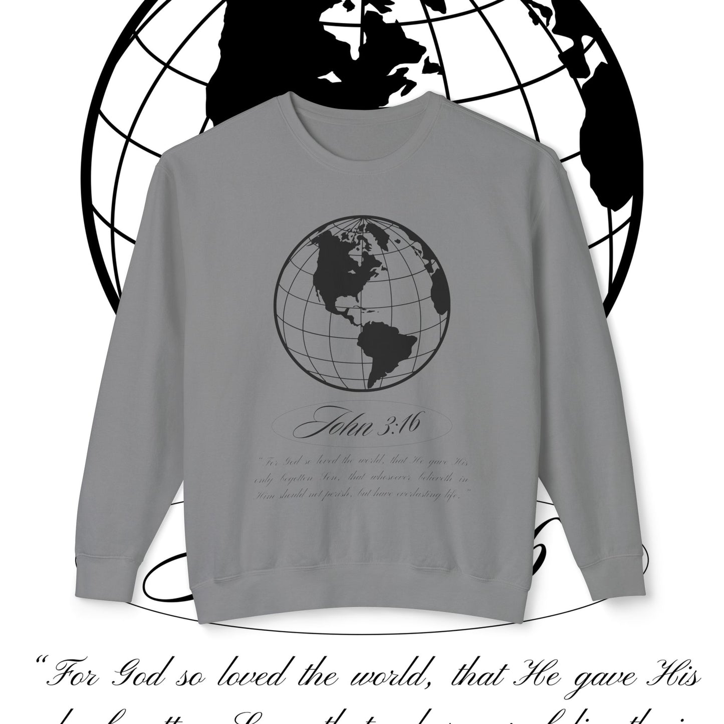 John 3:16 Sweater - Christian Unisex Lightweight Crewneck Sweatshirt (black + 🌏)