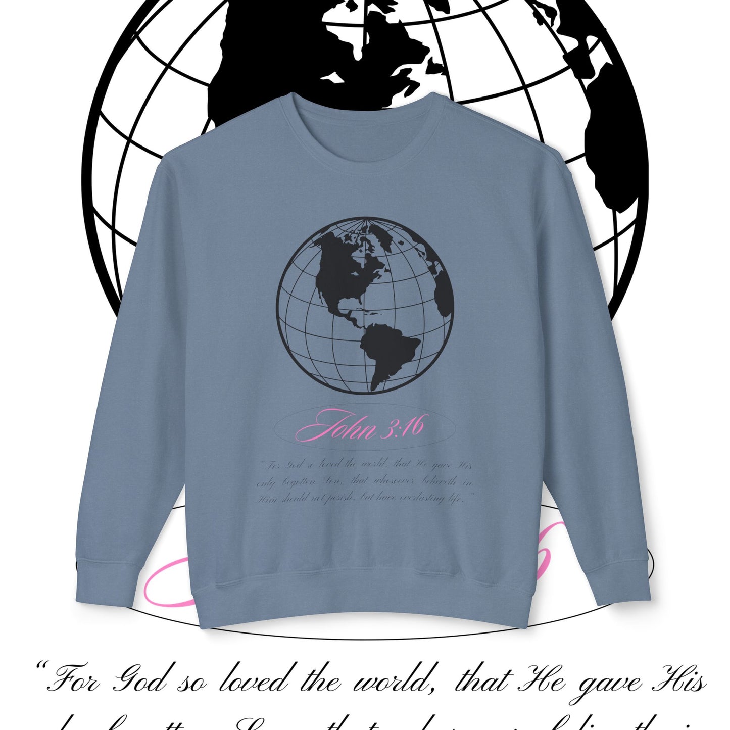 John 3:16 Sweater - Christian Unisex Lightweight Crewneck Sweatshirt (black + pink 🌏🩷)