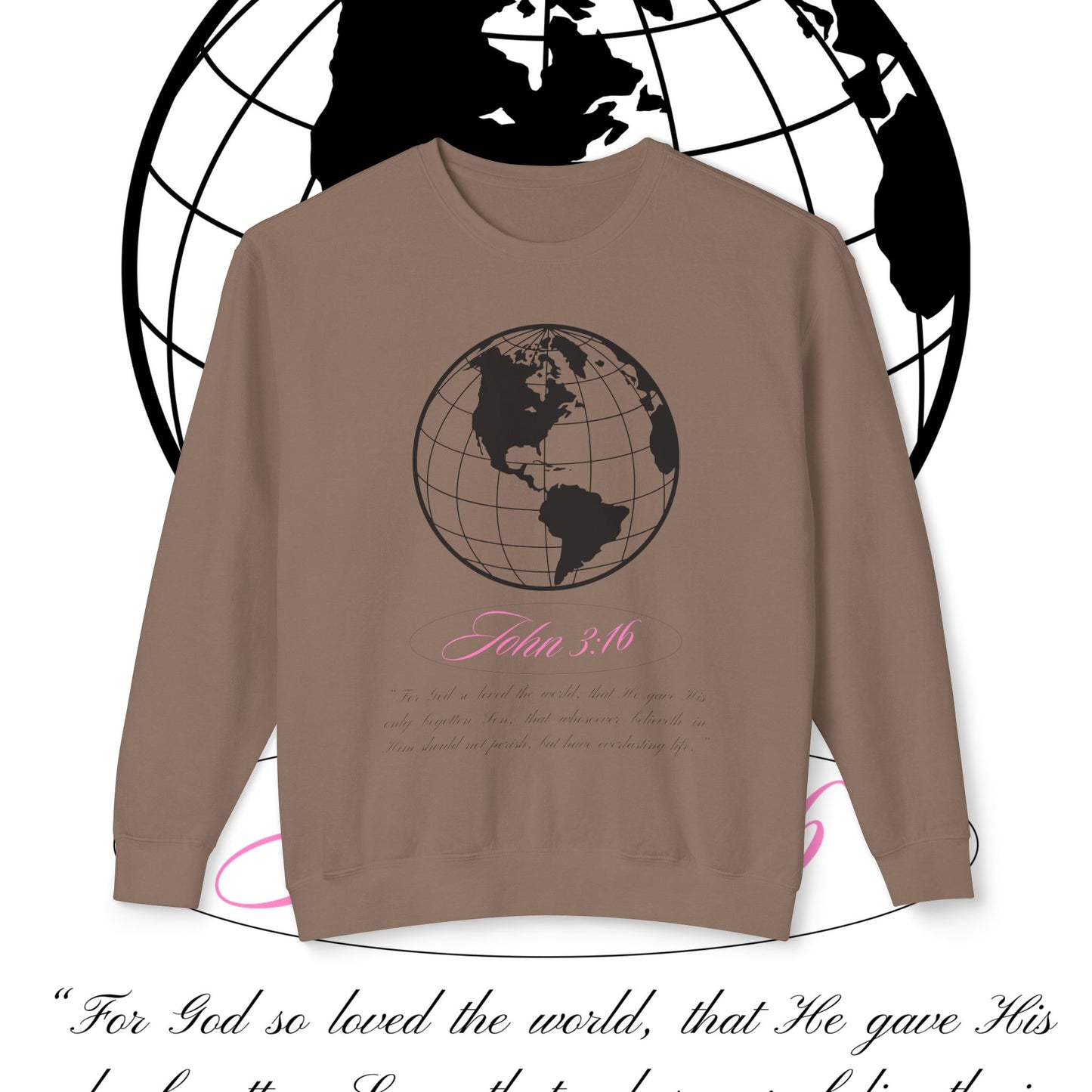 John 3:16 Sweater - Christian Unisex Lightweight Crewneck Sweatshirt (black + pink 🌏🩷)