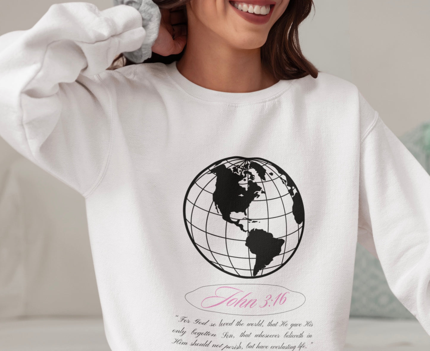 John 3:16 Sweater - Christian Unisex Lightweight Crewneck Sweatshirt (black + pink 🌏🩷)