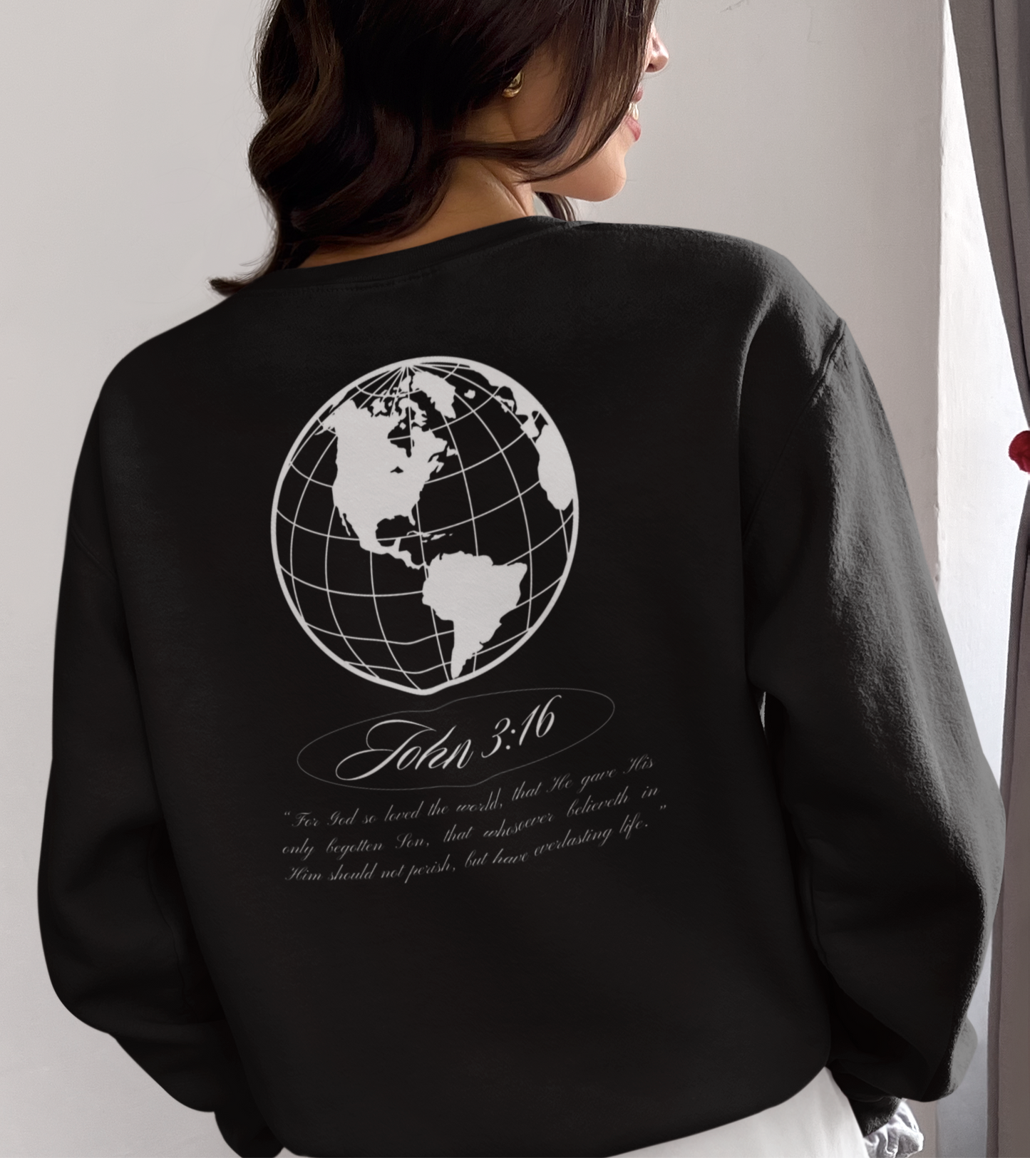 John 3:16 Sweater - (white + 🌎) Christian Unisex Lightweight Crewneck Sweatshirt -