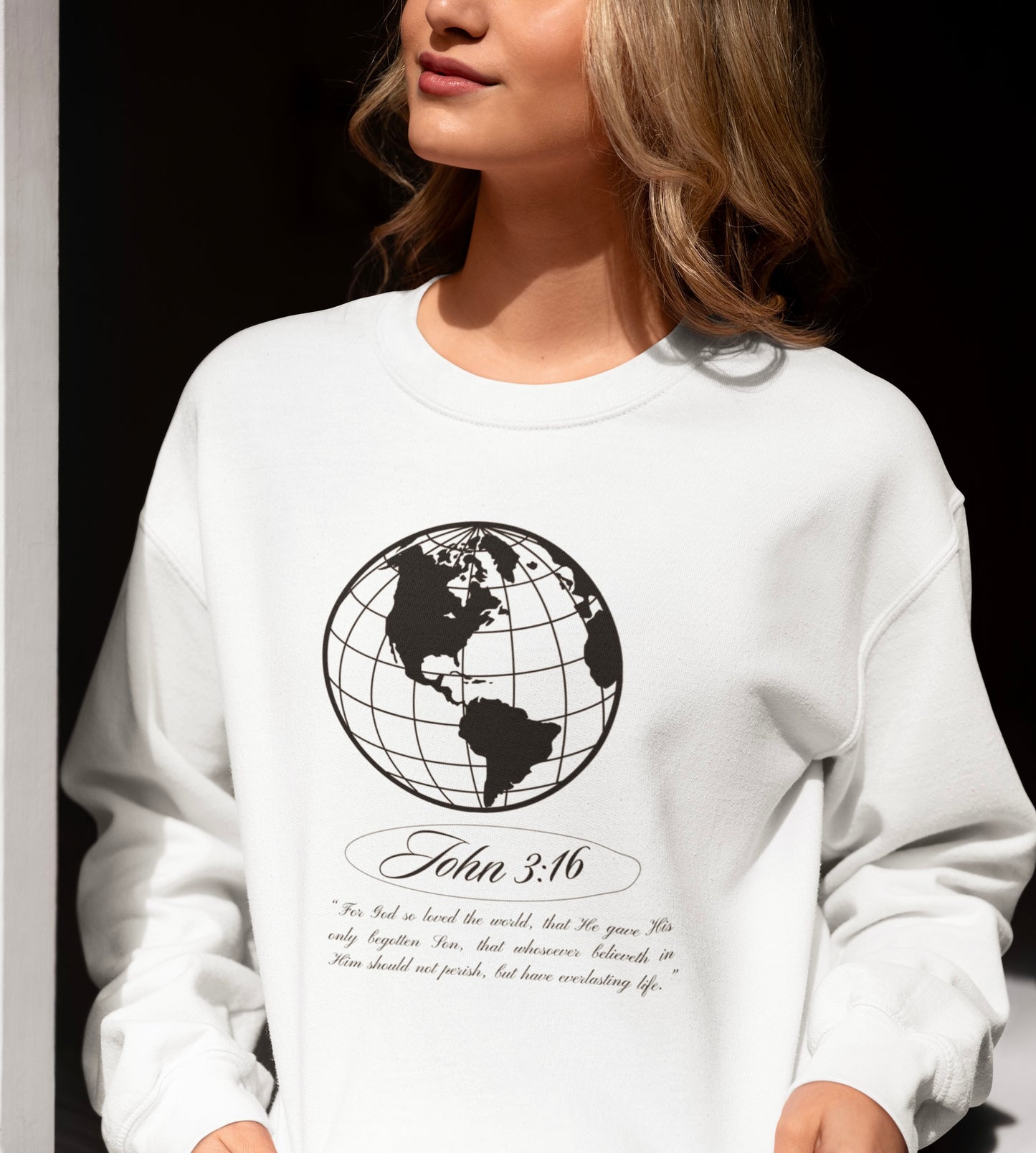 John 3:16 Sweater - Christian Unisex Lightweight Crewneck Sweatshirt (black + 🌏)