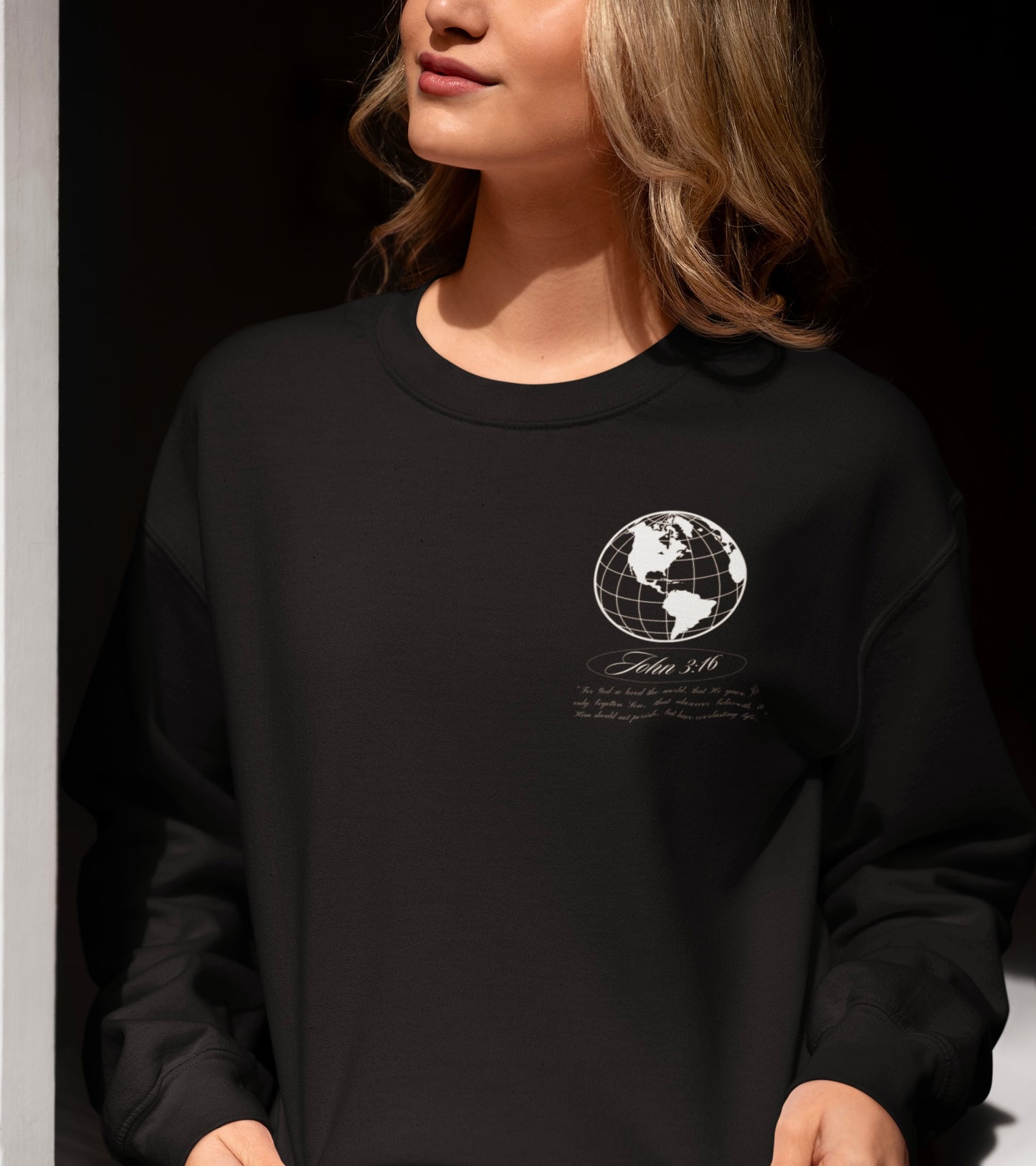 John 3:16 Sweater - (white + 🌎) Christian Unisex Lightweight Crewneck Sweatshirt -