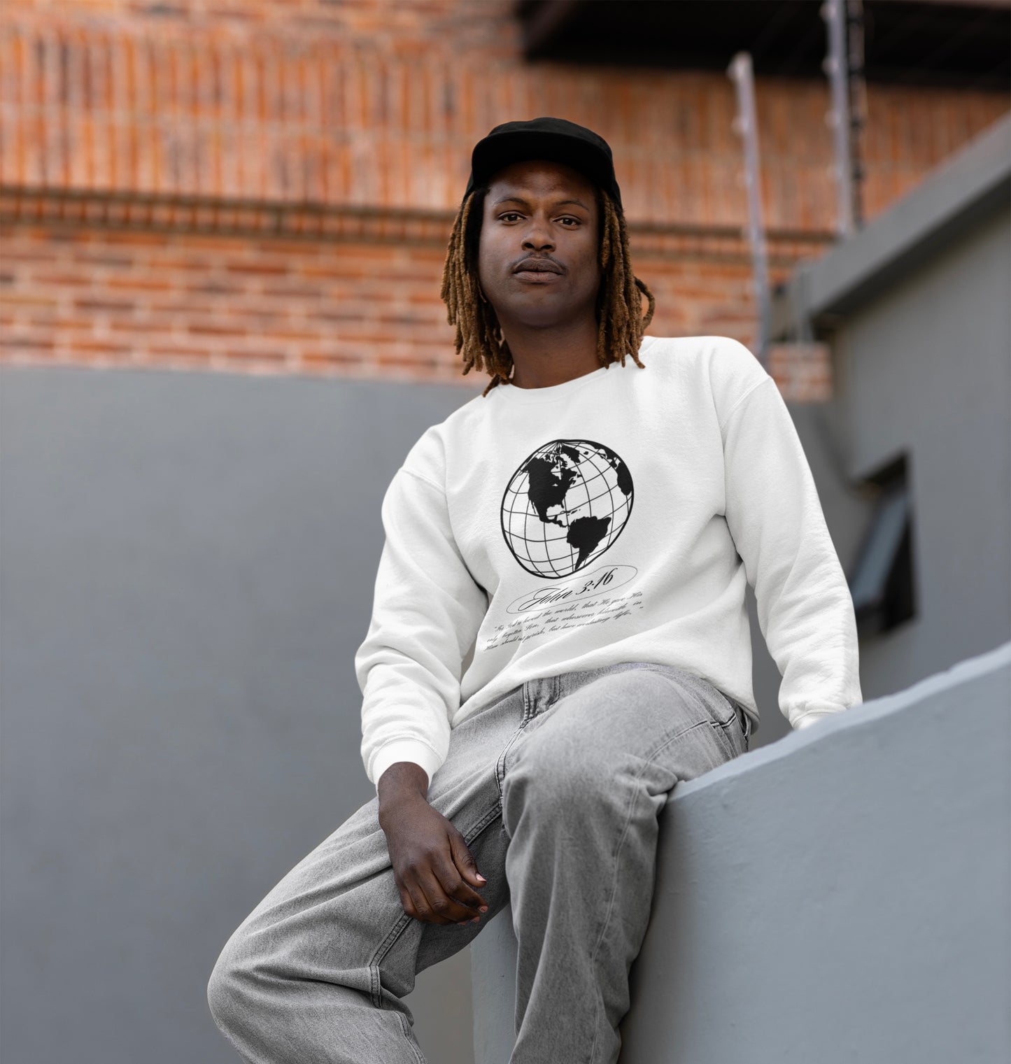 John 3:16 Sweater - Christian Unisex Lightweight Crewneck Sweatshirt (black + 🌏)