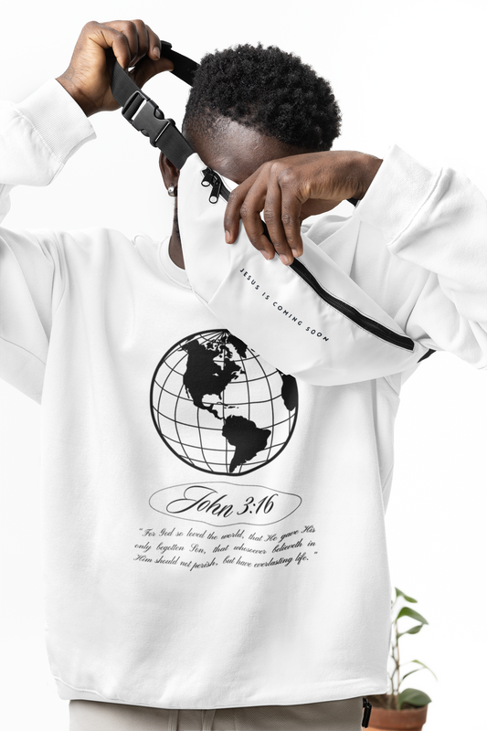 John 3:16 Sweater - Christian Unisex Lightweight Crewneck Sweatshirt (black + 🌏)