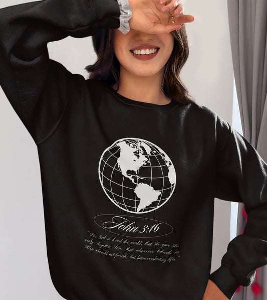 John 3:16 Sweater - Christian Unisex Lightweight Crewneck Sweatshirt (white + 🌎)