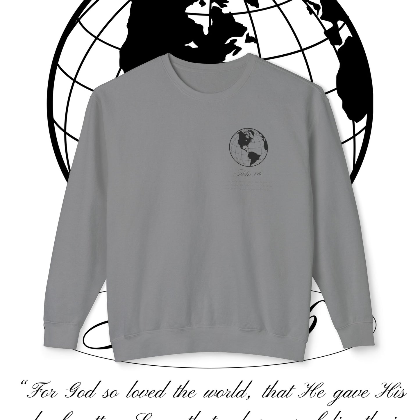 John 3:16 Sweater (black + 🌏) - Christian Unisex Lightweight Crewneck Sweatshirt
