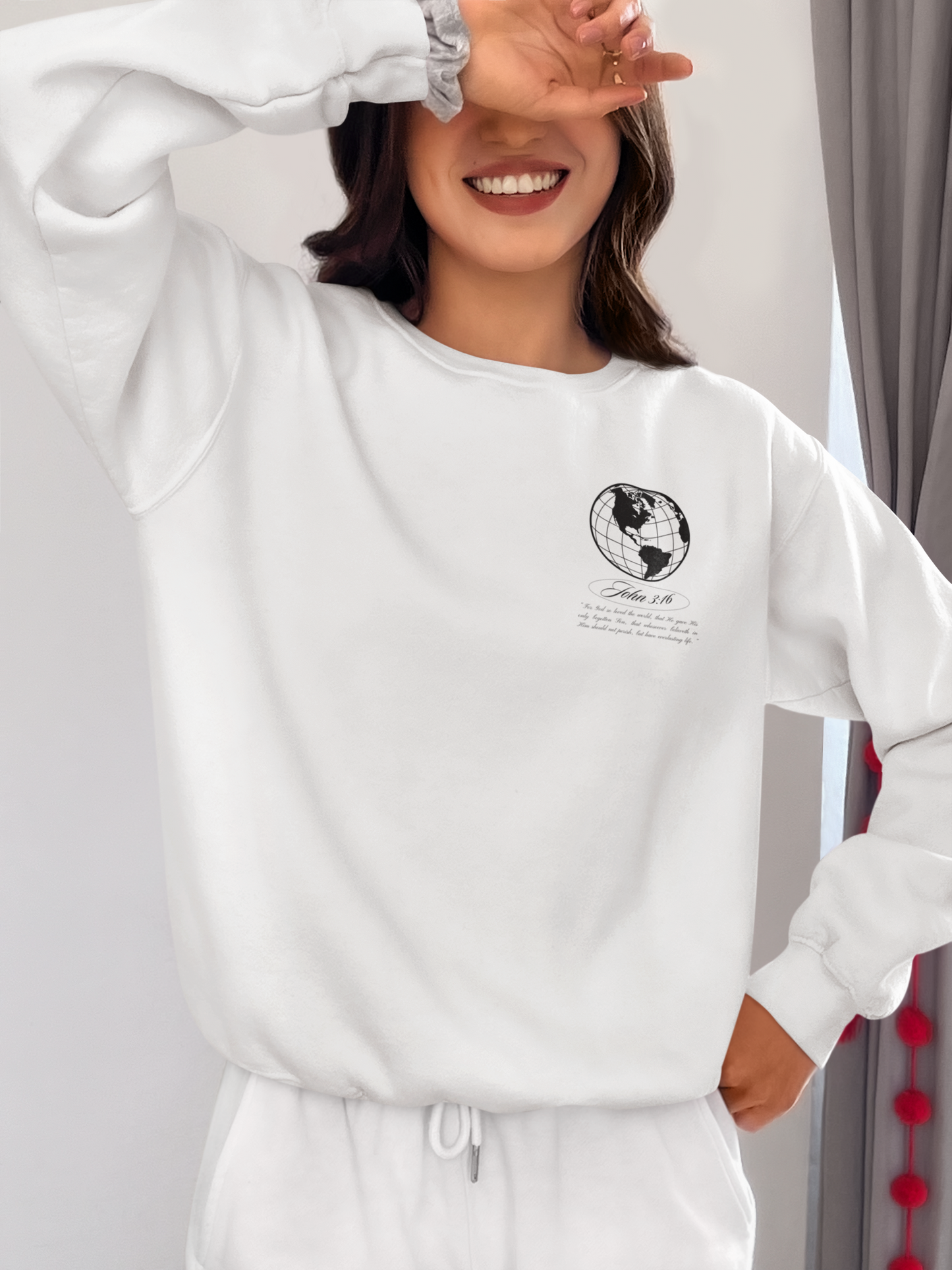John 3:16 Sweater (black + 🌏) - Christian Unisex Lightweight Crewneck Sweatshirt