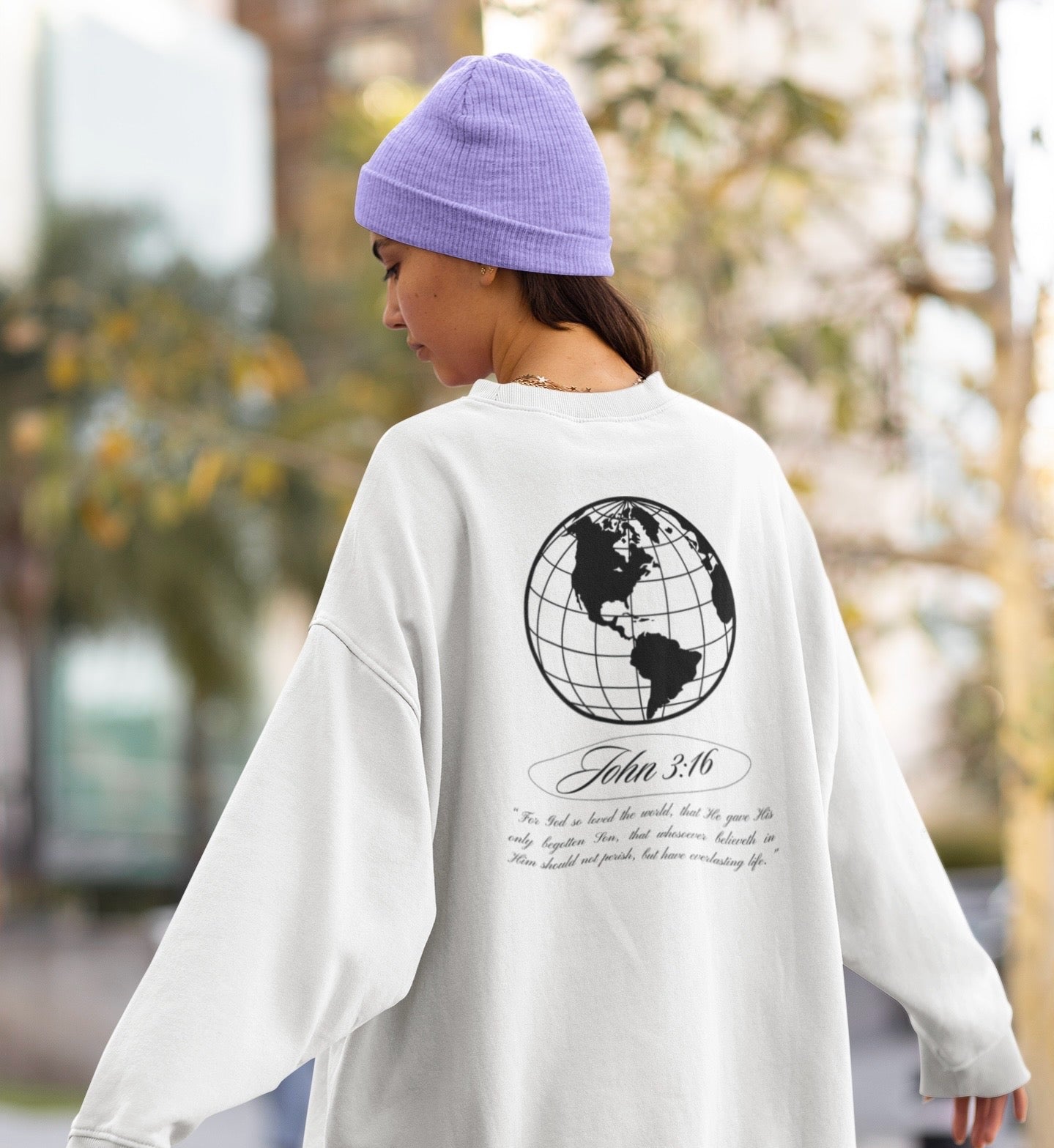 John 3:16 Sweater (black + 🌏) - Christian Unisex Lightweight Crewneck Sweatshirt