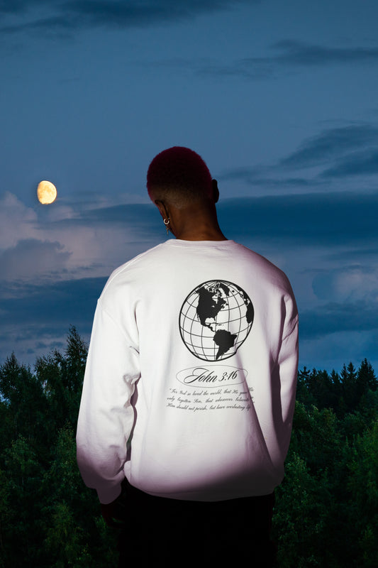 John 3:16 Sweater (black + 🌏) - Christian Unisex Lightweight Crewneck Sweatshirt