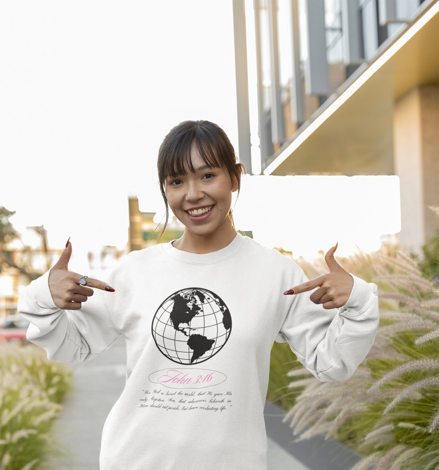 John 3:16 Sweater - Christian Unisex Lightweight Crewneck Sweatshirt (black + pink 🌏🩷)