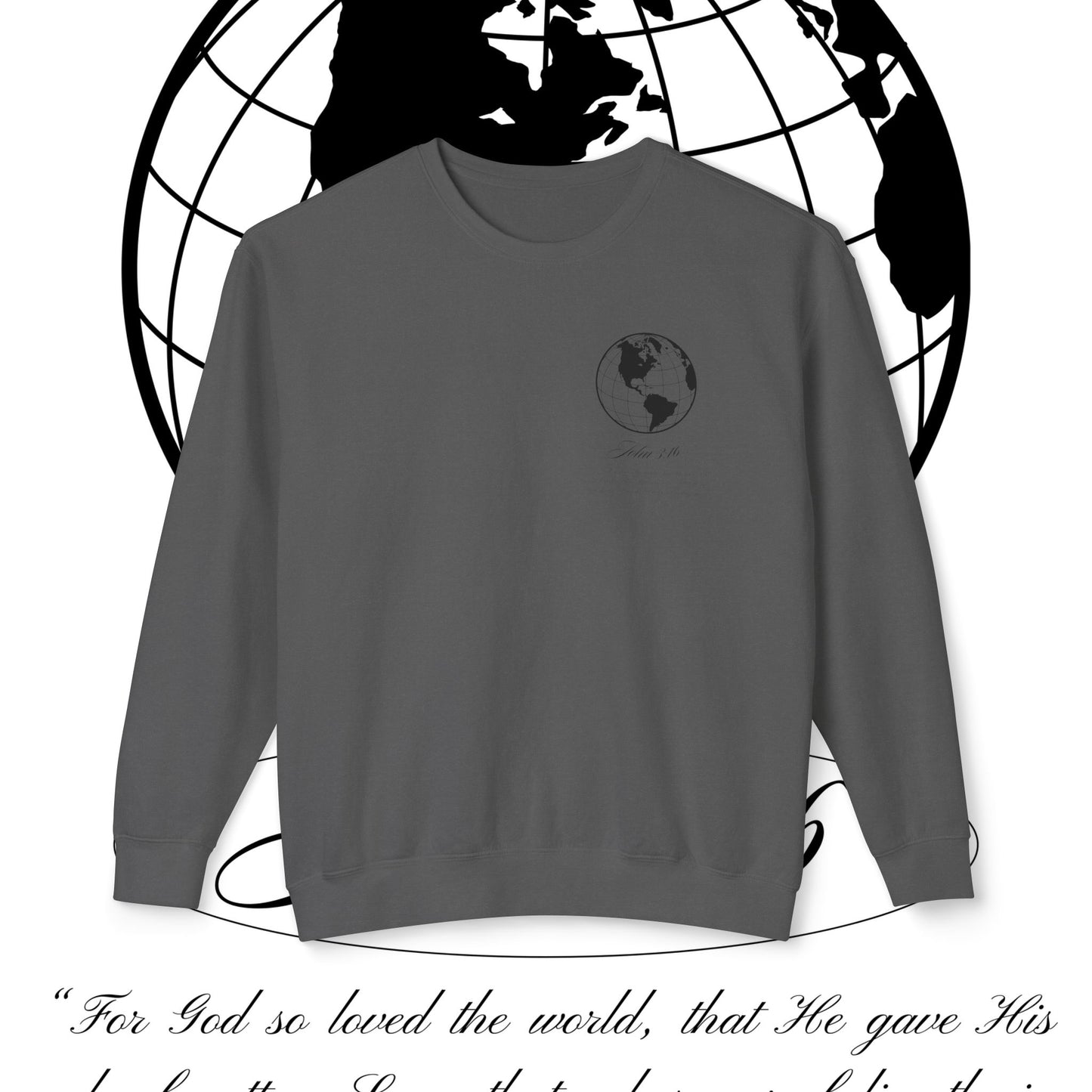 John 3:16 Sweater (black + 🌏) - Christian Unisex Lightweight Crewneck Sweatshirt