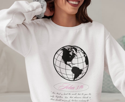 John 3:16 Sweater - Christian Unisex Lightweight Crewneck Sweatshirt (black + pink 🌏🩷)